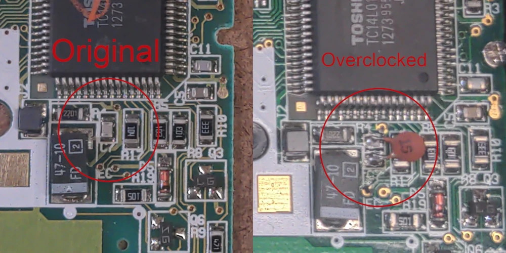 Split photo of motherboard with old and new resistor